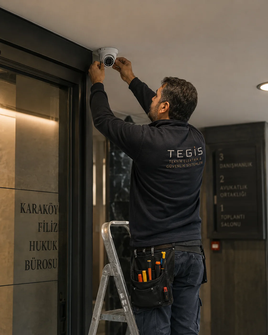 Ofis girişine dome kamera monte eden TEGİS teknisyeni