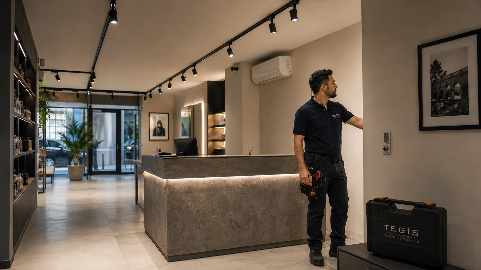 Showroom içinde duvar ünitesini kontrol eden TEGİS teknisyeni